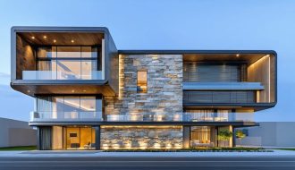 A modern cityscape featuring a LEED-certified building with a natural stone facade, symbolizing sustainable architecture and green building success.