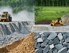 Illustration of the lifecycle of natural stone showing a quarry with heavy machinery on the left and a restored natural habitat on the right, representing the environmental trade-offs in the stone industry.