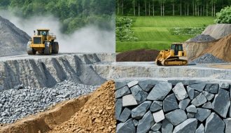 Illustration of the lifecycle of natural stone showing a quarry with heavy machinery on the left and a restored natural habitat on the right, representing the environmental trade-offs in the stone industry.