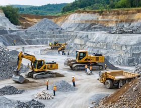 "Workers operating machinery to extract stone in a quarry, with piles of rock and distant hills in the background."