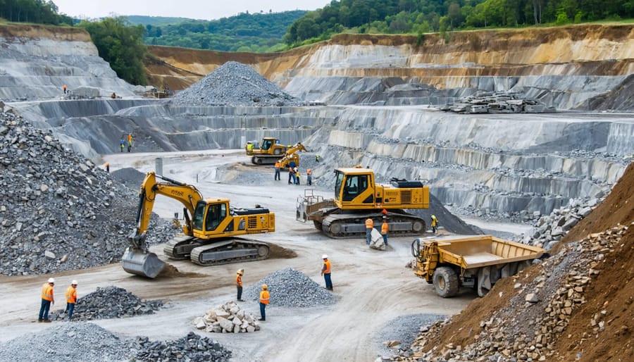 "Workers operating machinery to extract stone in a quarry, with piles of rock and distant hills in the background."