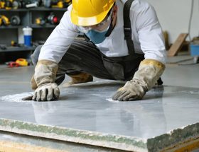 Professional stone maintenance worker wearing complete PPE, including safety glasses, gloves, and a dust mask, inspecting a large stone slab in a well-equipped workspace with safety gear and tools.