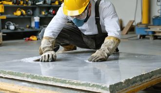Professional stone maintenance worker wearing complete PPE, including safety glasses, gloves, and a dust mask, inspecting a large stone slab in a well-equipped workspace with safety gear and tools.