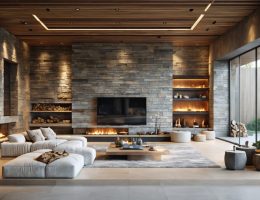 A modern living room showcasing a feature wall built with natural stone. The room combines rustic charm with contemporary design, emphasizing the stone wall's role in insulation and energy efficiency.