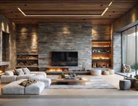 A modern living room showcasing a feature wall built with natural stone. The room combines rustic charm with contemporary design, emphasizing the stone wall's role in insulation and energy efficiency.