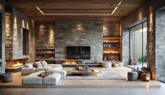 A modern living room showcasing a feature wall built with natural stone. The room combines rustic charm with contemporary design, emphasizing the stone wall's role in insulation and energy efficiency.