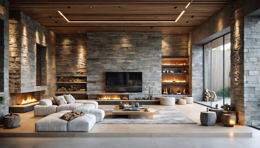 A modern living room showcasing a feature wall built with natural stone. The room combines rustic charm with contemporary design, emphasizing the stone wall's role in insulation and energy efficiency.