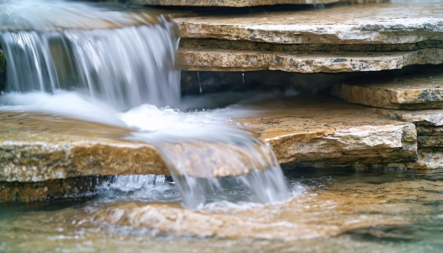 "Clear water cascading over layered granite, slate, and limestone, demonstrating natural filtration."