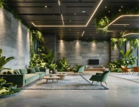 A modern corporate lounge featuring seamless integration of natural stone elements and lush greenery, highlighting floor-to-ceiling limestone walls, polished granite surfaces, and thriving indoor plants for a tranquil and sophisticated atmosphere.