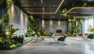 A modern corporate lounge featuring seamless integration of natural stone elements and lush greenery, highlighting floor-to-ceiling limestone walls, polished granite surfaces, and thriving indoor plants for a tranquil and sophisticated atmosphere.