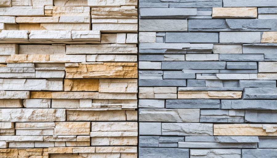 Comparison showing texture and color differences between authentic and manufactured stone materials