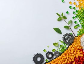 Conceptual representation of plastic manufacturing journey from raw colorful resin pellets to finished products, highlighting various processes like injection molding and extrusion amid a backdrop of machinery and innovation.