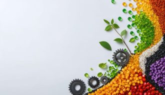 Conceptual representation of plastic manufacturing journey from raw colorful resin pellets to finished products, highlighting various processes like injection molding and extrusion amid a backdrop of machinery and innovation.