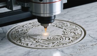 Close-up of a laser engraving machine in action, intricately carving a detailed design into a granite headstone, demonstrating the precision and craftsmanship of modern laser technology.