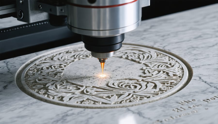 Close-up of a laser engraving machine in action, intricately carving a detailed design into a granite headstone, demonstrating the precision and craftsmanship of modern laser technology.