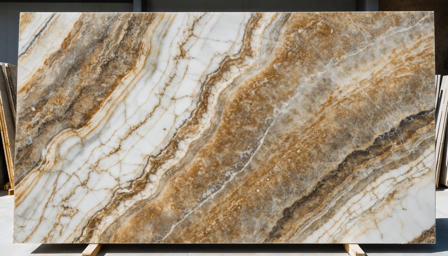"Close-up of a premium natural stone slab with subtle veining and texture under soft diffused lighting."