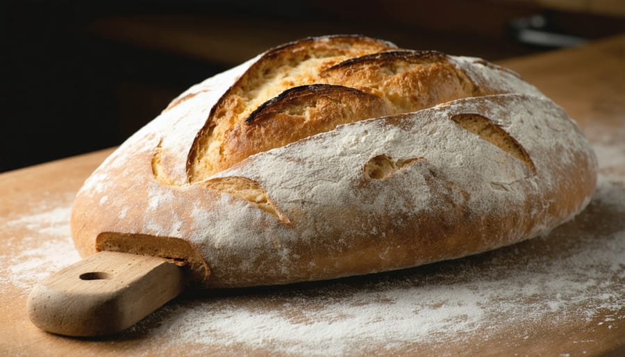 "A professional-grade baking stone with freshly baked artisanal bread, emphasizing the bread's texture and crisp crust in a kitchen setting."