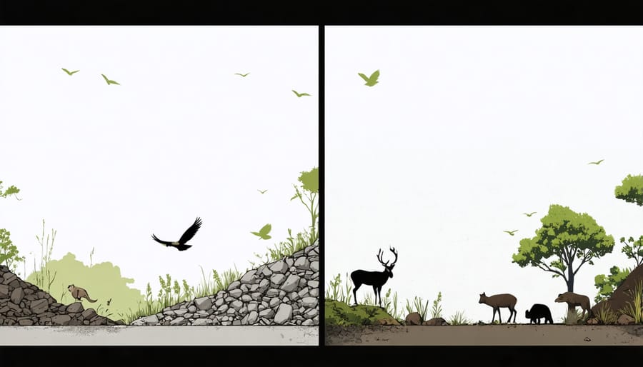 Side-by-side comparison of active quarrying and wildlife conservation areas