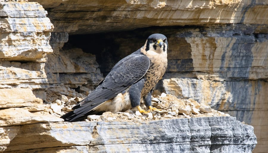 Peregrine falcon pair at their nest site on a steep quarry wall