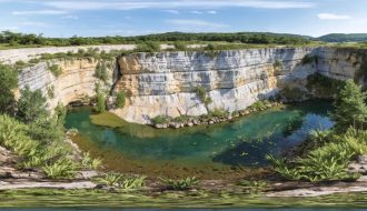 A visually stunning scene of a rehabilitated quarry, showcasing steep rock cliffs with falcons, verdant plant growth, and serene water bodies, reflecting the transformation of an industrial site into a vibrant wildlife sanctuary.