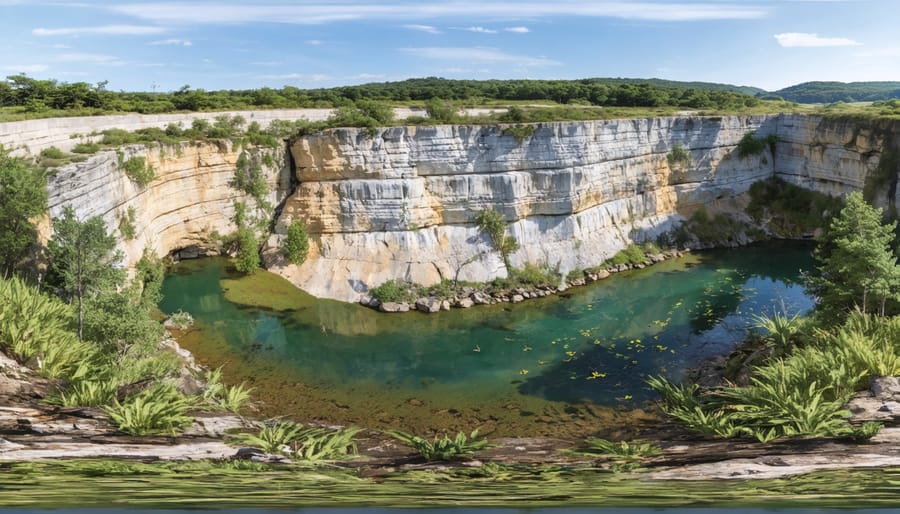 A visually stunning scene of a rehabilitated quarry, showcasing steep rock cliffs with falcons, verdant plant growth, and serene water bodies, reflecting the transformation of an industrial site into a vibrant wildlife sanctuary.