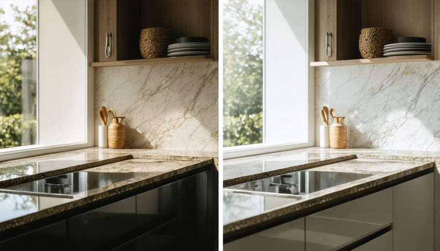 Comparison of quartz countertop appearance under natural and artificial lighting conditions