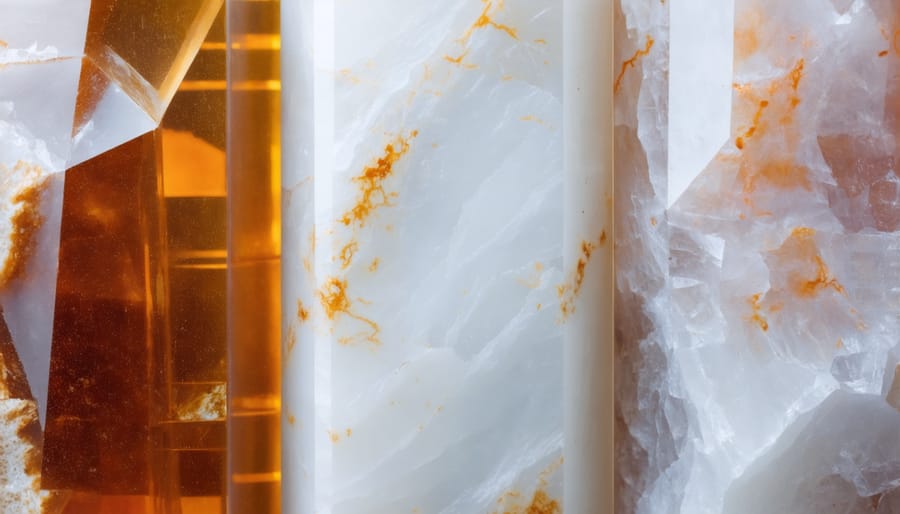 Side-by-side comparison of three quartz countertop patterns showing solid, marble-like veining, and speckled designs