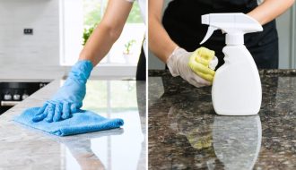 A side-by-side visual comparison showing easy cleaning of a quartz countertop with a simple cloth versus specialized cleaning of a granite countertop, illustrating the differences in maintenance.
