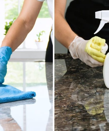 A side-by-side visual comparison showing easy cleaning of a quartz countertop with a simple cloth versus specialized cleaning of a granite countertop, illustrating the differences in maintenance.