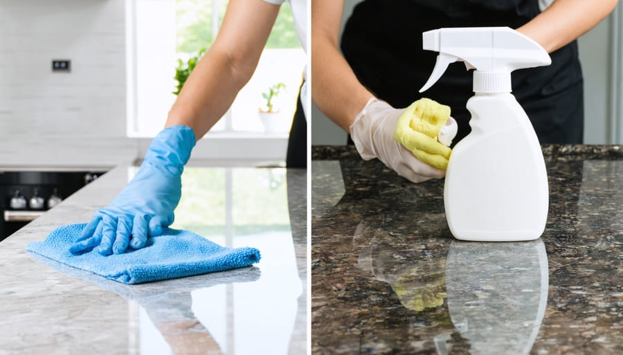A side-by-side visual comparison showing easy cleaning of a quartz countertop with a simple cloth versus specialized cleaning of a granite countertop, illustrating the differences in maintenance.