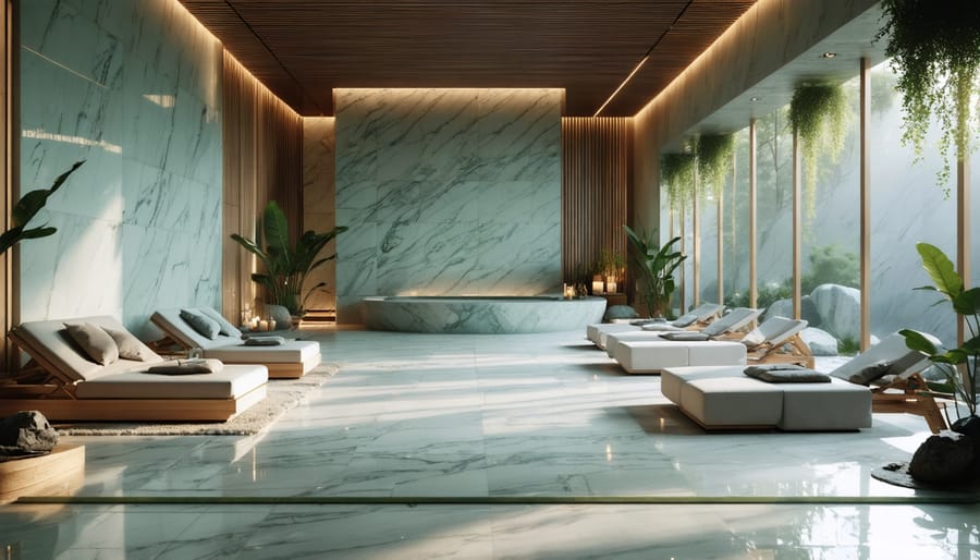Modern wellness center showcasing polished quartzite surfaces in a minimalist design