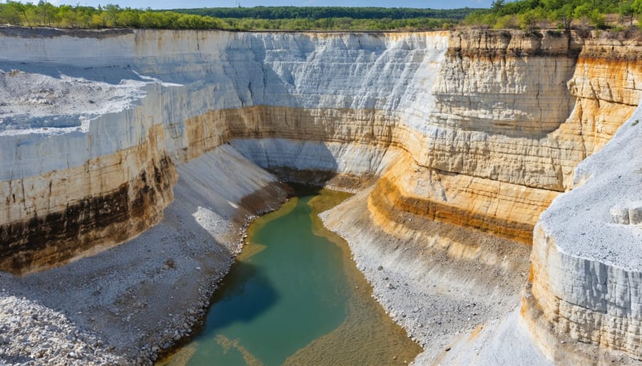 Birds-eye view of a transformed quarry featuring pools, rock faces, and thriving plant life