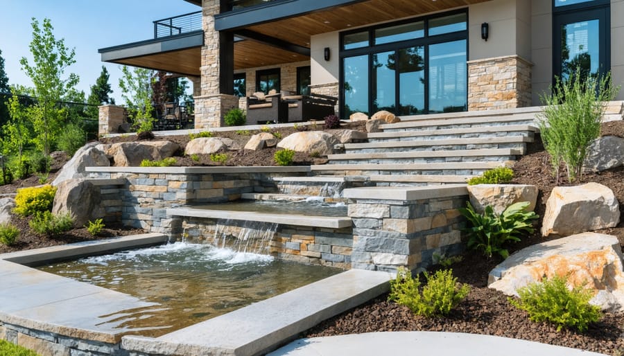 Modern home with integrated stone water filtration system in landscape design