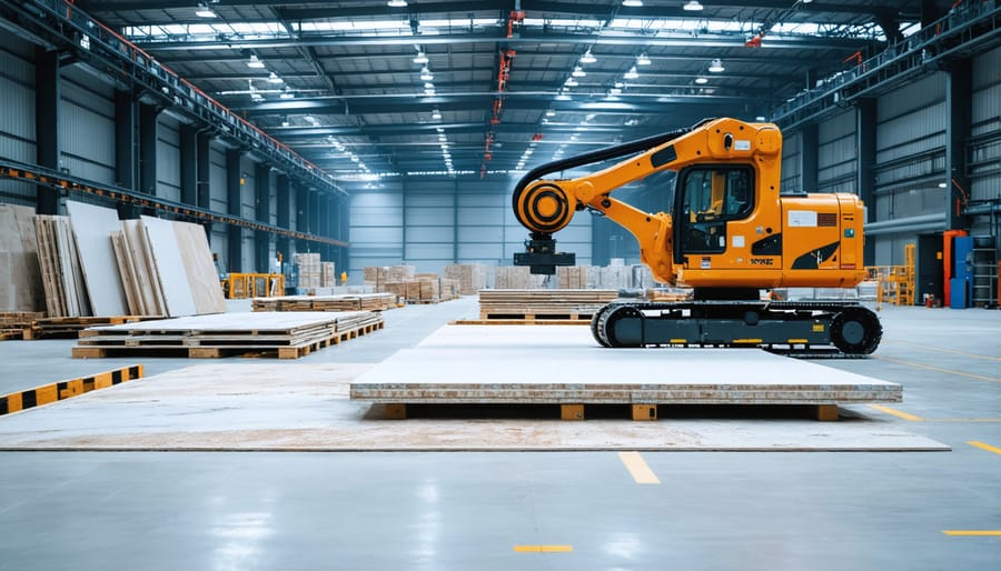 Worker positioning large marble slab using vacuum lifting system in fabrication facility