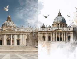 A conceptual illustration blending elements of the Church of the Holy Sepulchre and St. Peter's Basilica, featuring textures of limestone and marble, with subtle motifs of pilgrims and abstract doves symbolizing faith and devotion.
