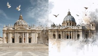 A conceptual illustration blending elements of the Church of the Holy Sepulchre and St. Peter's Basilica, featuring textures of limestone and marble, with subtle motifs of pilgrims and abstract doves symbolizing faith and devotion.
