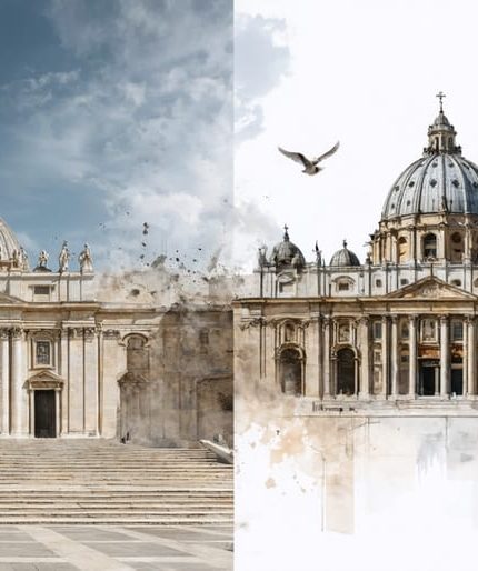 A conceptual illustration blending elements of the Church of the Holy Sepulchre and St. Peter's Basilica, featuring textures of limestone and marble, with subtle motifs of pilgrims and abstract doves symbolizing faith and devotion.