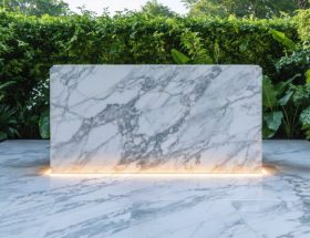 A luminous white marble cornerstone being positioned at the foundation of a contemporary church, symbolizing the connection between ancient rituals and modern religious architecture.