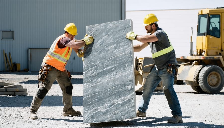 Workers demonstrating correct stone lifting technique using proper safety equipment