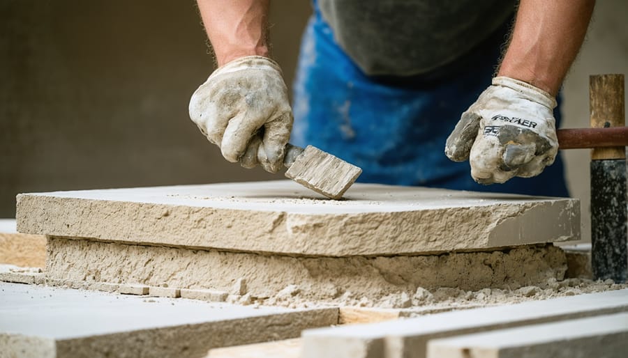 Stonemason working on detailed granite carving with traditional tools