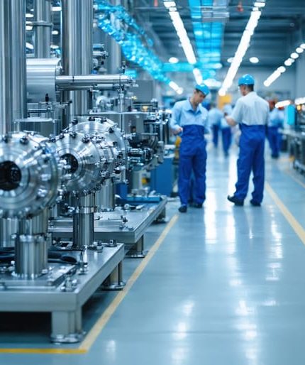 "Interior view of a modern manufacturing facility with advanced sensors and machinery operating under bright daylight."