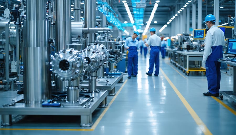 "Interior view of a modern manufacturing facility with advanced sensors and machinery operating under bright daylight."