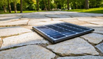 "A solar-powered stone feature in a park with integrated solar panels surrounded by lush greenery under soft daylight."