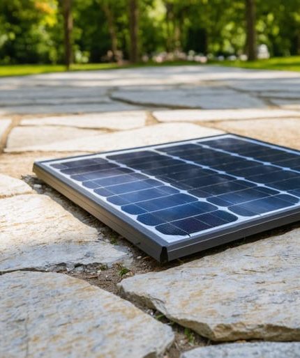 "A solar-powered stone feature in a park with integrated solar panels surrounded by lush greenery under soft daylight."