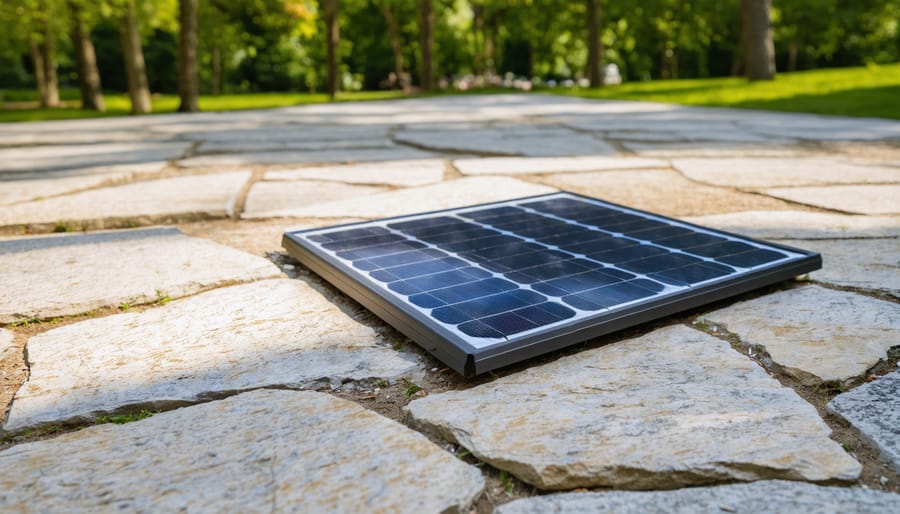 "A solar-powered stone feature in a park with integrated solar panels surrounded by lush greenery under soft daylight."