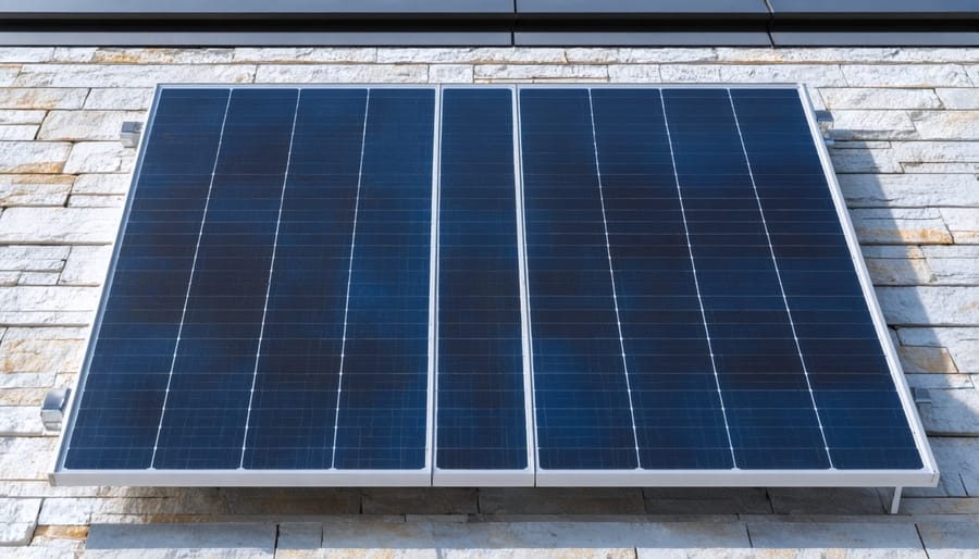 Close-up of solar cells embedded in natural stone surface
