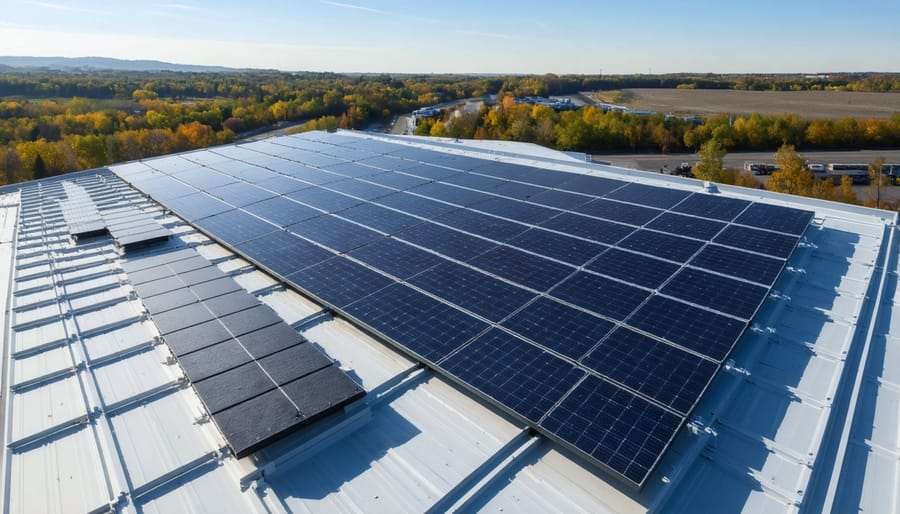 Aerial view of solar panels installed on stone production facility roof