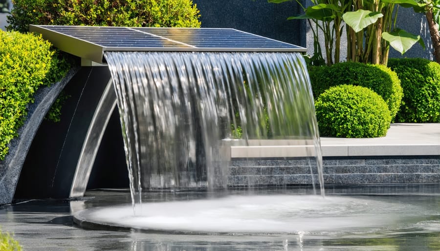 Multi-tiered stone water feature with integrated solar panels powering water flow