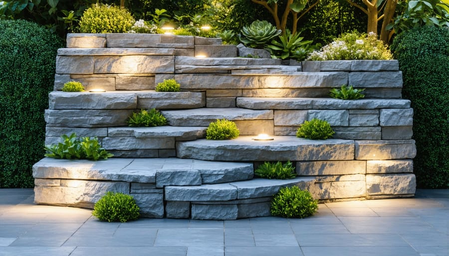 Outdoor stone water feature illuminated by integrated solar-powered lights