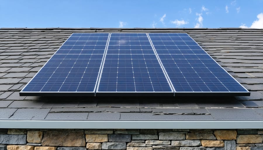 Person performing maintenance on integrated solar panels and stone surface
